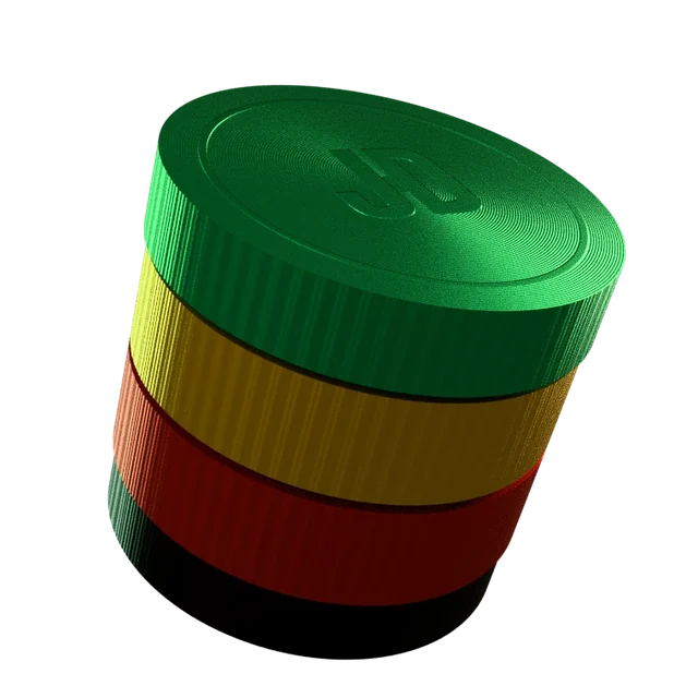 3D render of a red, yellow and green grinder